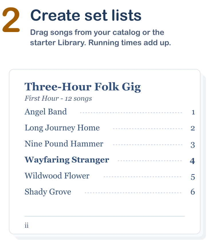 Step 2, create set lists: drag songs from your catalog or the starter Library into a set; running times add up as you go.